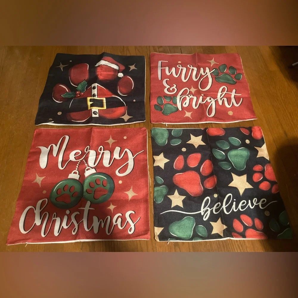 Pillow Covers Winter Christmas Animal Paw Print Themed Set of 4 18